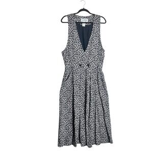 R.J. Stevens Vintage Floral Jumper Dress Black White V-Neck Midi Size 16 USA